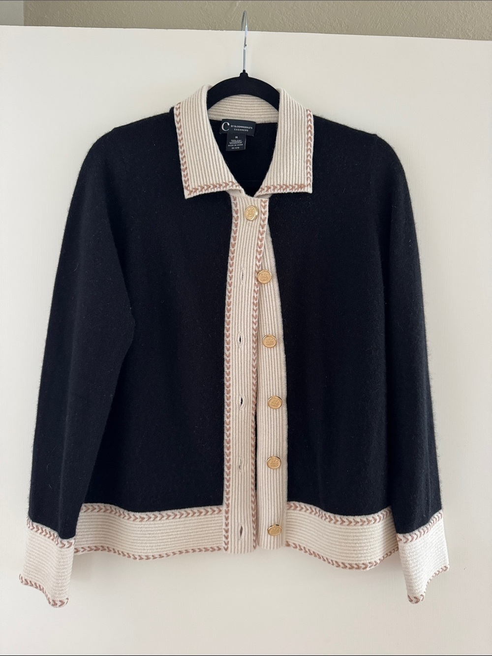 Bloomingdale’s cashmere Black Cardigan with Cream Trim and Gold Buttons